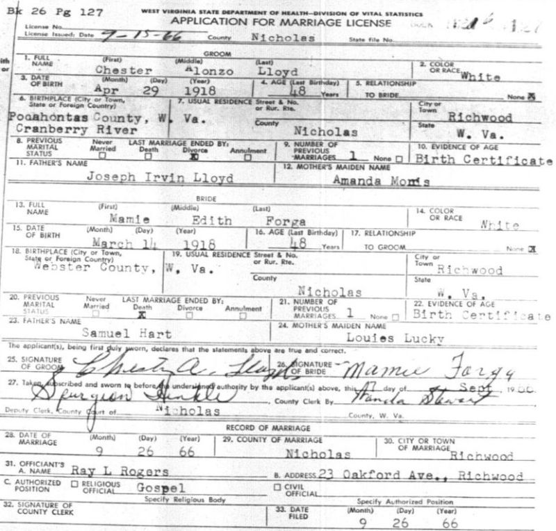 Mamie Hart and Chester Alonzo Lloyd Marriage License